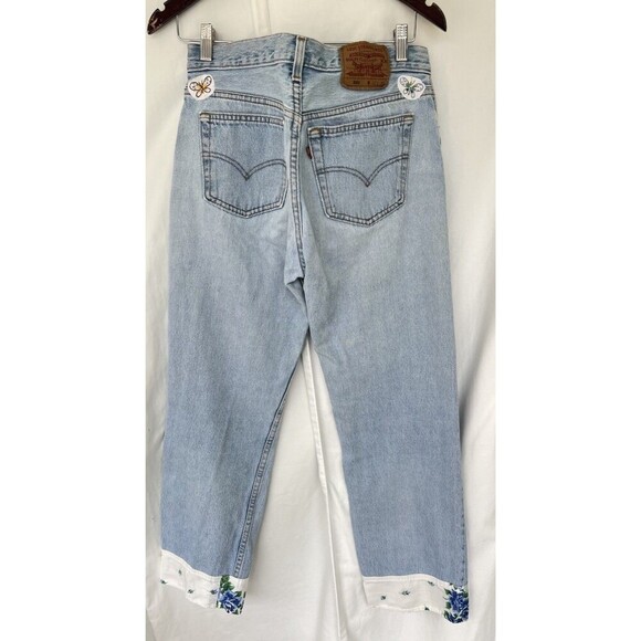 Levi’s 501 Jeans 32 Light Wash Floral Embroidered Cuffs Butterfly Patch USA Made - Picture 3 of 6